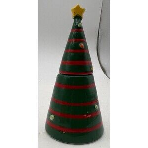Ceramic Christmas Tree Trinket Box 4” Green Red Striped